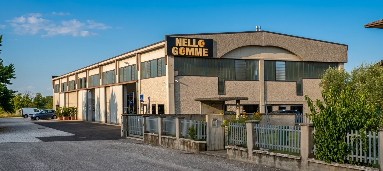 La sede di Nello Gomme in Via Roma a Castel d'Azzano, con l'insegna dorata sull'edificio